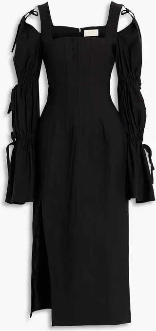 Cold-shoulder ruched poplin midi dress