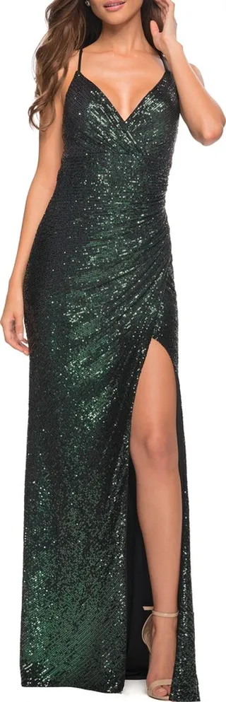 Faux Wrap Sequin Gown