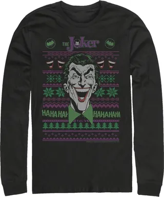 Men's Batman Ugly Christmas Joker Laugh Long Sleeve Shirt - Black - Large