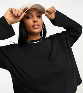 ASOS DESIGN Curve boxy high neck long sleeve T-shirt in black