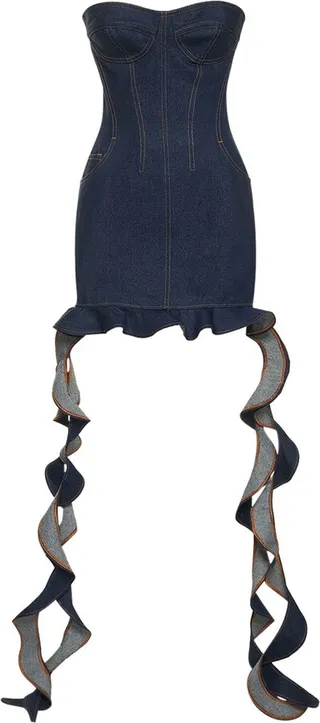 Ruffled cotton denim corset mini dress
