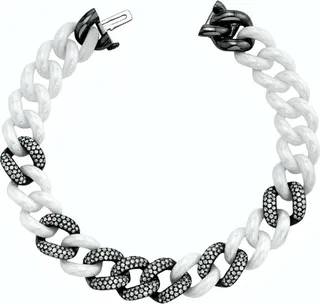 7 Diamond Pavé and White Ceramic Link Chain Blackened Gold Bracelet