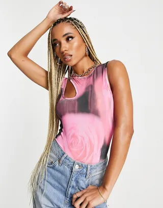 ASOS DESIGN hotfix bodysuit in rose print