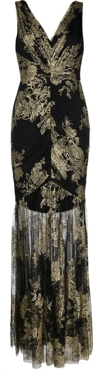 Leaf-Embroidered Ruched Gown