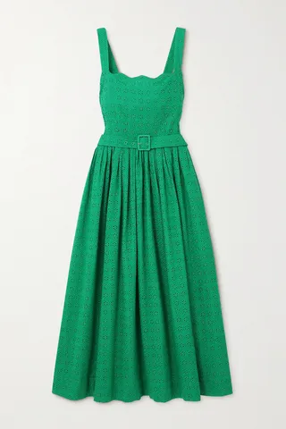 HVN - Allegra Belted Broderie Anglaise Cotton-voile Midi Dress - Green