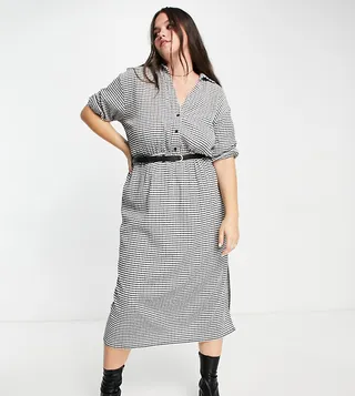 ASOS DESIGN Curve short sleeve shirt midi dress with belt in mono check