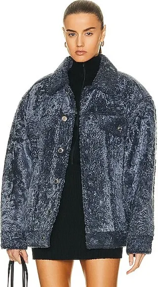 Alexander Wang Denim Detail Shearling Coat in Blue