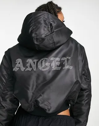 ASOS DESIGN cropped bomber jacket with hot fix in black