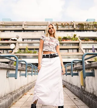 Reclaimed Vintage cargo skirt with ruching and frill in white