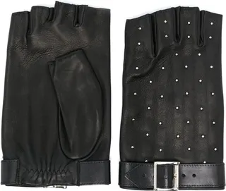 Brunette studded fingerless leather gloves