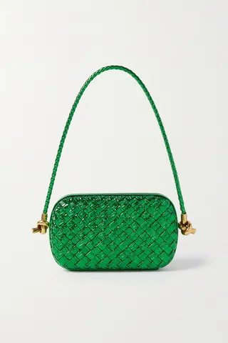 Bottega Veneta - Knot-embellished Metallic Intrecciato Plissé Leather Shoulder Bag - Green