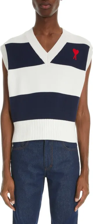 Rugby Stripe Ami de Coeur Embroidered Organic Cotton & Wool Sleeveless Sweater