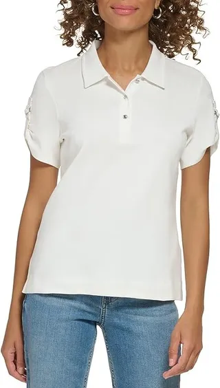 Calvin Klein Short Sleeve D-Ring Polo (Soft White) Women's Clothing
