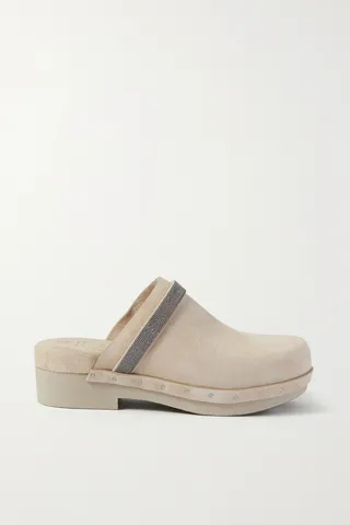 Brunello Cucinelli - Bead-embellished Suede Clogs - Neutrals