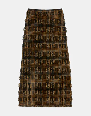 Plaid Jacquard Knit Fringed Midi Skirt