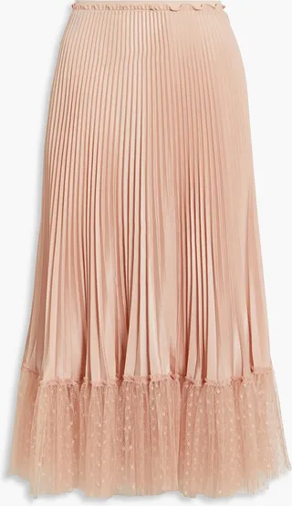 Point d'esprit-paneled satin-crepe midi skirt