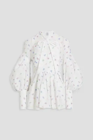 Pussy-bow embroidered cloqué blouse