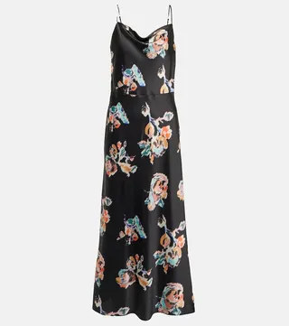Floral cowl-neck satin slip dress