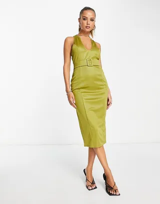 ASOS DESIGN belted u neckline midi dress in olive