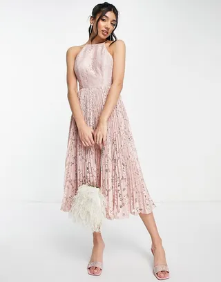ASOS DESIGN pinny midi prom dress with pleated lace in blush
