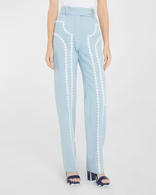 Daisy-Lace Border Paneled Straight-Leg Denim Trousers