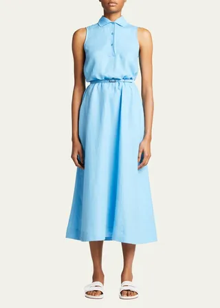 Leyla Collared Linen Belted Midi Dress