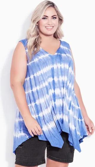 AVENUE| Women's Plus Size V Neck Swing Tie Dye Tank - blue - 16W