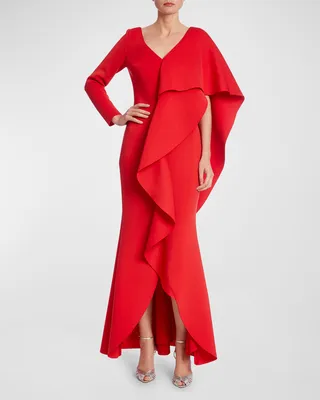 V-Neck Long-Sleeve Asymmetric Ruffle Cape Shoulder Gown
