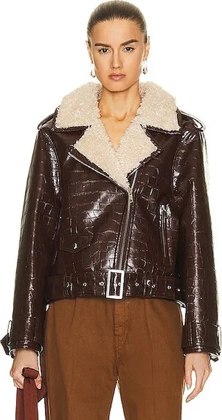 STAND STUDIO Johanna Faux Shearling Biker Jacket in Brown