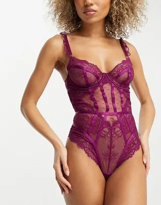 Ann Summers Sweetheart lace and spot mesh underwired bodysuit with lace frill strap detail in plum