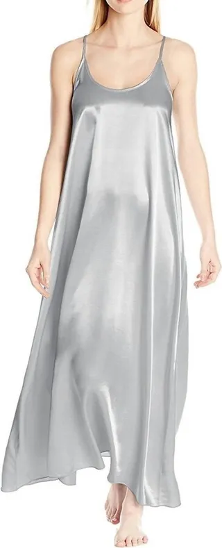 Monrow Satin Long Nightgown With Gathered Back in Dark Silver