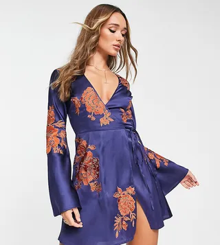 ASOS DESGIN embroidered floral mini wrap dress with flared sleeves in blue