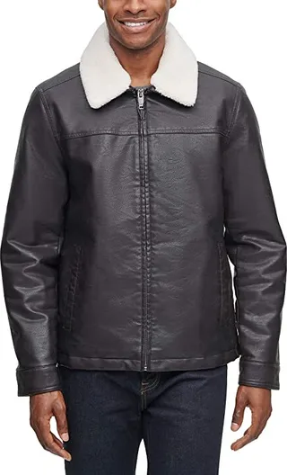 Dockers Men's James Dean Faux Leather Jacket with Removable Sherpa Collar (Dark Brown) Men's Jacket