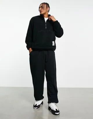 Bershka oversized half zip sweater in black teddy borg