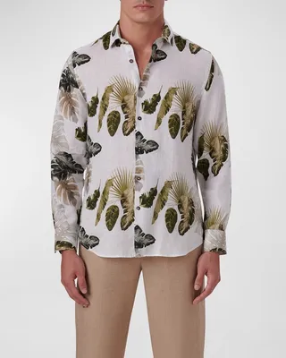 Men's Linen Leaf-Print Shaped Sport Shirt