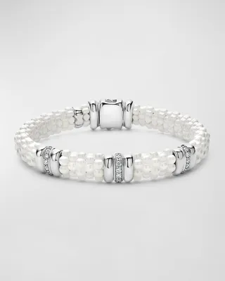 Sterling Silver and Gold White Caviar White Ceramic 3-Station Diamond 1-Row Bracelet