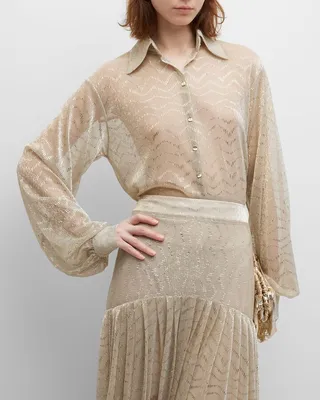 Blouson-Sleeve Metallic Chevron Blouse