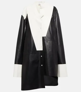 Asymmetric paneled leather shirt minidress