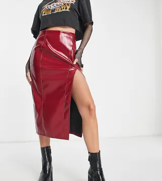 ASOS DESIGN Petite vinyl midi skirt with split detail in red