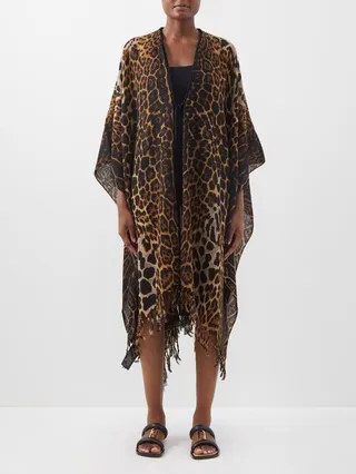Tasselled Leopard-print Wool Poncho