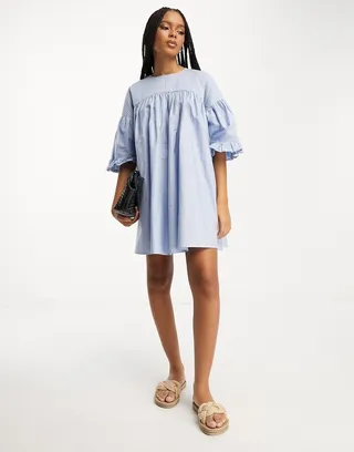 ASOS DESIGN cotton pintuck puff sleeve mini smock dress in blue