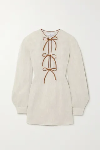 Rowen Rose - Lady Leather-trimmed Tie-detailed Linen Mini Dress - Neutrals