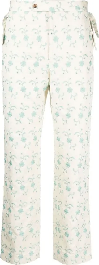 Floral-Embroidery Straight-Leg Trousers