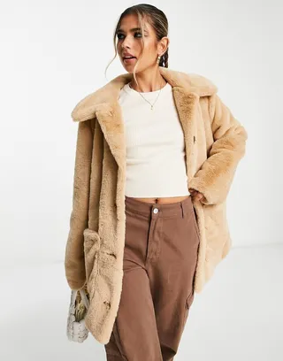 Urban Code button down faux fur coat in beige