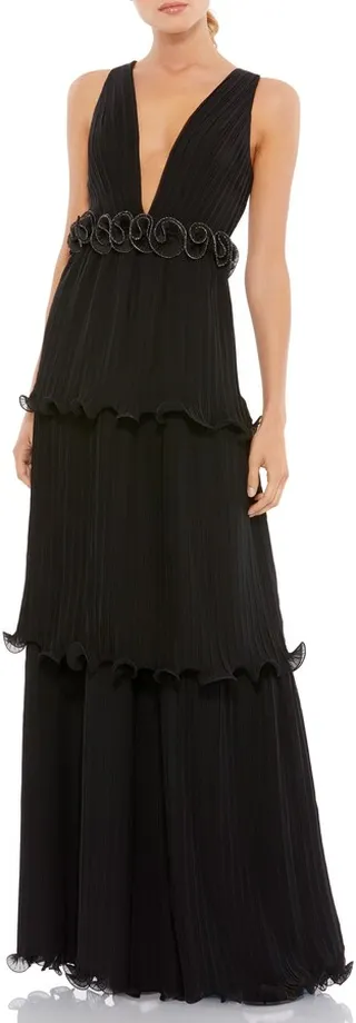 Plunge Neck Rosette Detail Pleated A-Line Gown