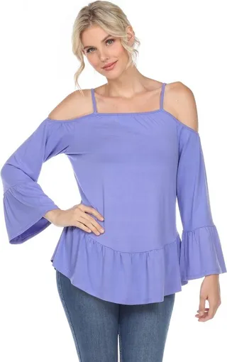 White Mark Cold Shoulder Ruffle Sleeve Top - Purple