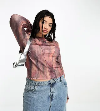 COLLUSION Plus printed exposed seam long sleeve top in multi