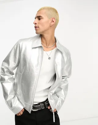 ASOS DESIGN leather look harrington jacket in silver