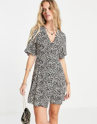ASOS DESIGN button through tie back mini tea dress with angel sleeve in animal print