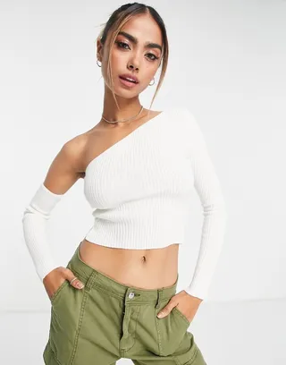 Miss Selfridge asymmetrical long sleeve rib knit top in cream